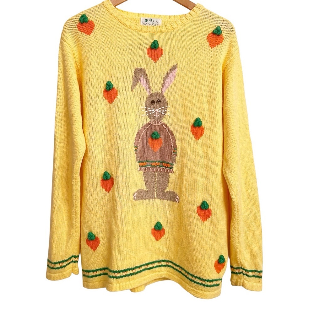 Vintage Quacker Factory Easter Bunny Rabbit Carrot Yellow Orange Sweater Medium - Picture 2 of 7